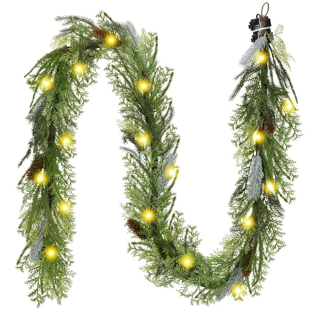 Christmas Garland 9Ft with Warm White LED Lights‎ Pine Cones and Berries